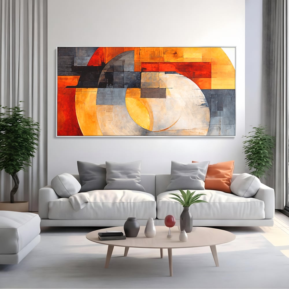 Tablou canvas cu tablou canvas cu compozitie geometrica abstracta, in rama de aluminiu argintiu, pe perete intr-un living